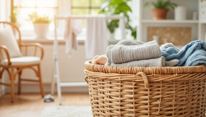 Wicker laundry basket beside drying rack indoors