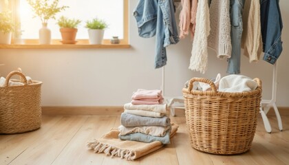 Wicker laundry basket beside drying rack indoors