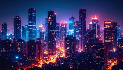 Obraz premium Nighttime city skyline with glowing windows and streetlights