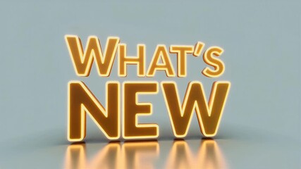 The phrase “WHAT’S NEW” materialises lustrous gold surface catching studio lights spinning slowly mid air while subtle particles float around supplied lossless ProRes alpha K loop becomes instant - Powered by Adobe