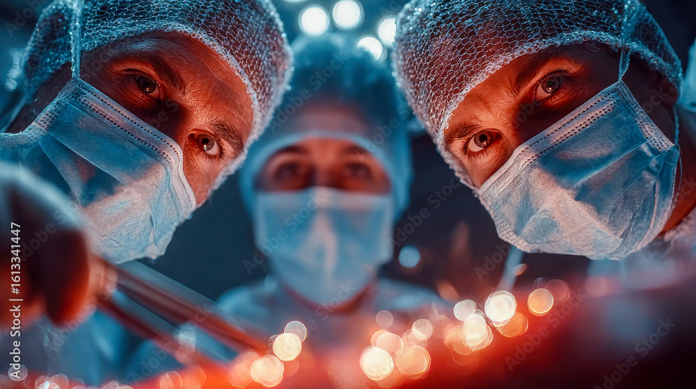 Poster surgeons operate in a futuristic environment, using digital interfaces resembling glowing circuit bo