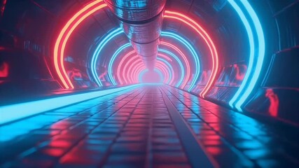 Viewers hurtle through neon lit cyber tunnel where magenta aqua tubes spin around vanishing point evoking warp speed data travel seamless video K journey equips techno conferences gaming intros