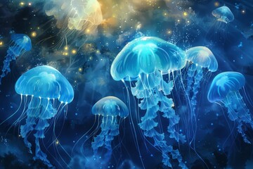 Bioluminescent jellyfish floating in the deep ocean with glowing particles