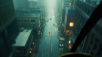 Fototapeta premium Aerial view of a city street in the rain with cars driving between buildings and streetlights visible in the fog