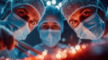 Surgeons operate in a futuristic environment, using digital interfaces resembling glowing circuit boards during a high-tech medical procedure