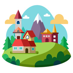 Cartoon Village Landscape Vector Isolated on white Background