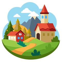 Cartoon Village Landscape Vector Isolated on white Background