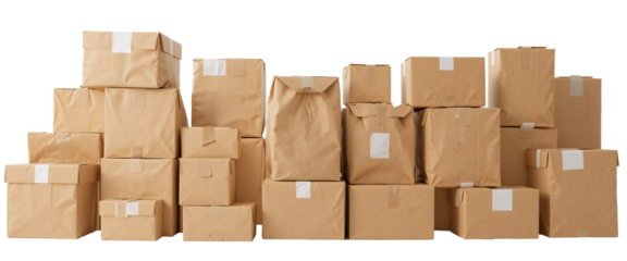 A stack of multiple cardboard boxes in a transparent background for various packaging and shipping purposes