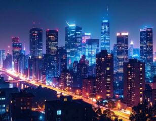 Fototapeta premium Nighttime city skyline with glowing windows and streetlights