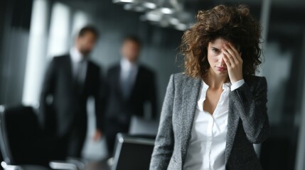 A woman stands in an office with hand on forehead showing stress,