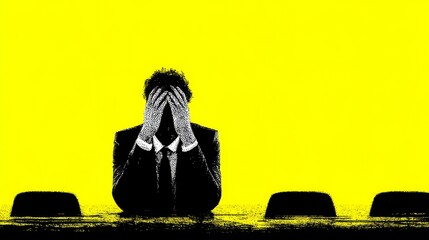 A person sits at a long metal table with hands covering their face, wearing formal attire,