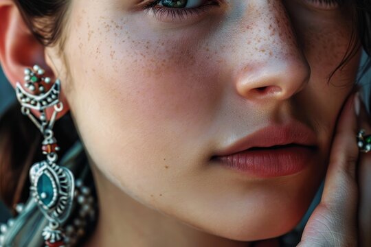Close up of a caucasian model touching her face, highlighting her freckles and unique ethnic earrings
