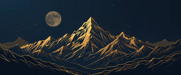 Mountain line art background, luxury gold wallpaper design for cover, invitation background, packaging design, wall art and print. Vector illustration.