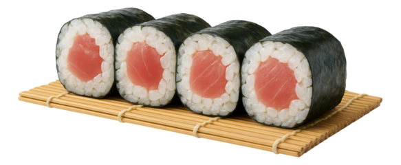 Tuna and scallion uramaki with a bright pink tuna center, topped with finely chopped green scallions on a bamboo leaf.