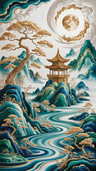 Ink-style landscape and pavilion artistic conception