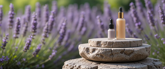Natural stone as decorative podium for spa or cosmetic product display on blur lavender flowers background