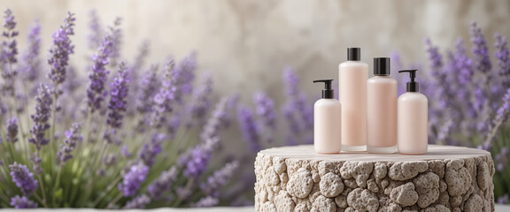 Natural stone as decorative podium for spa or cosmetic product display on blur lavender flowers background