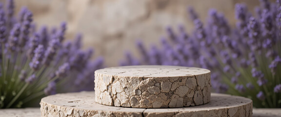 Natural stone as decorative podium for spa or cosmetic product display on blur lavender flowers background