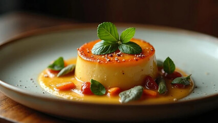 French foie gras on a plate with fresh herbs. 