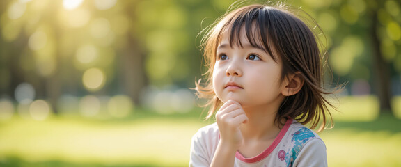 Dreamy little. Relaxed child feeling the breeze in the park. Thoughtful expression on a child face. Future thinker enjoying a quiet day