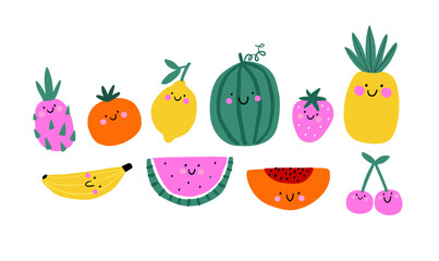 Cute fruit and berry simple doodle style. Cute cartoon Sweet garden food. Healthy vitamin fruits character. Flat vector illustration on white background