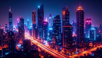Fototapeta premium Nighttime city skyline with glowing windows and streetlights