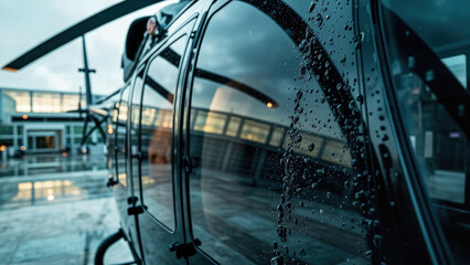 Close-up of a black helicopter with rain droplets on the window reflecting the cloudy sky and building exterior on a wet day