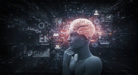 Obraz premium A digital brain contemplates complex data streams.