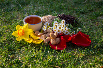 Composition of Flowers, Honey, Almonds, Grains, and Coffee on Grass