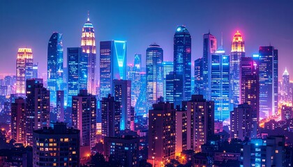 Nighttime city skyline with glowing windows and streetlights
