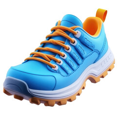 Bright blue athletic shoe with orange accents displayed on a white background highlighting its design features on transparent background