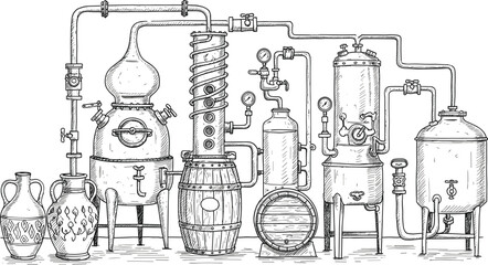 Vintage alcohol distillation equipment illustration, antique distillery machinery sketch, hand-drawn brewing setup, old-fashioned spirits production apparatus artwork