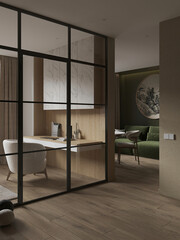 Modern home office with sleek desk, glass partition, and green living room area. A cozy, stylish workspace with a focus on minimalistic design and comfort.