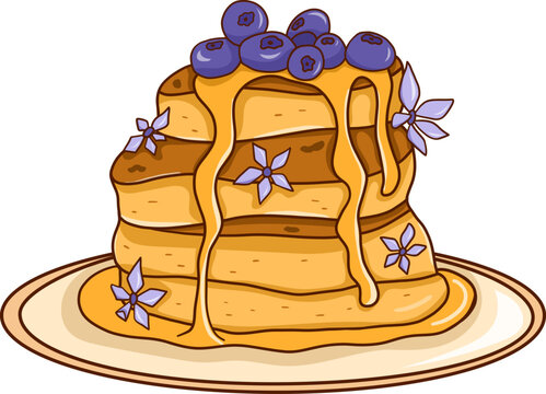 Vector Pancakes with fresh blueberry. Cartoon style Pancakes with honey, berry and flowers on the plate. Illustration isolated on white background.