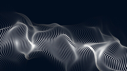 Wave of flowing particles on a dark background. Abstract backdrop with dynamic elements of waves and dots. Vector