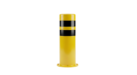 Isolated yellow bollard post with black reflective stripes on a neutral background