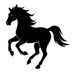 Majestic black horse silhouette captured in mid gallop against a clean white background