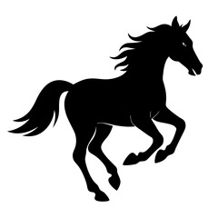 Majestic black silhouette of a powerful horse in full gallop against a white background