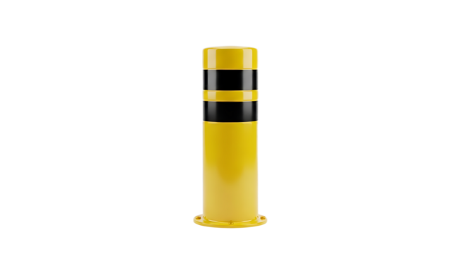 Isolated yellow bollard post with black reflective stripes on a neutral background
