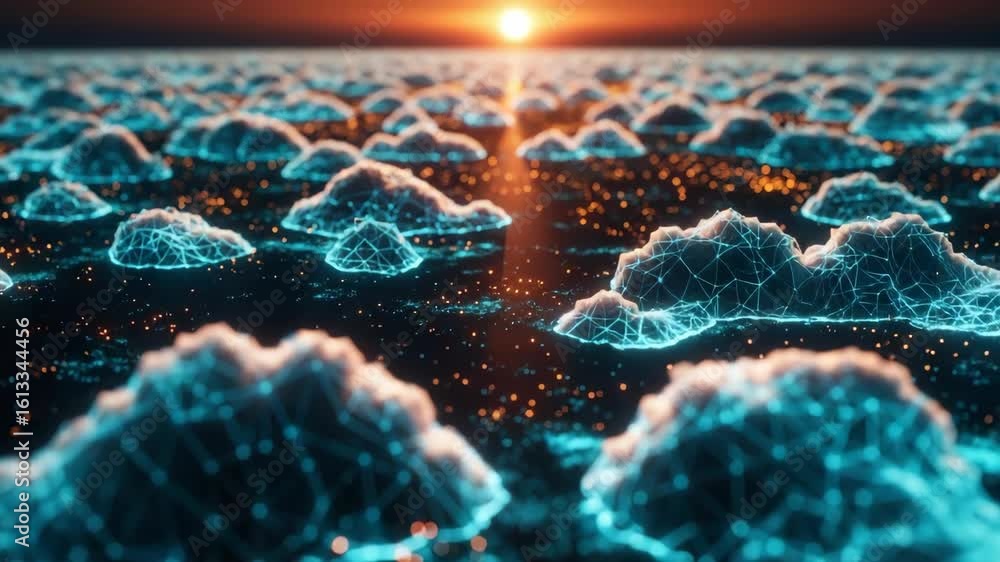 Poster a mesmerizing digital landscape showcasing glowing interconnected clouds over a reflective surface a