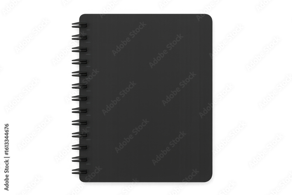 Poster realistic closed black notebook with spiral binding isolated on transparent background, ideal for ed
