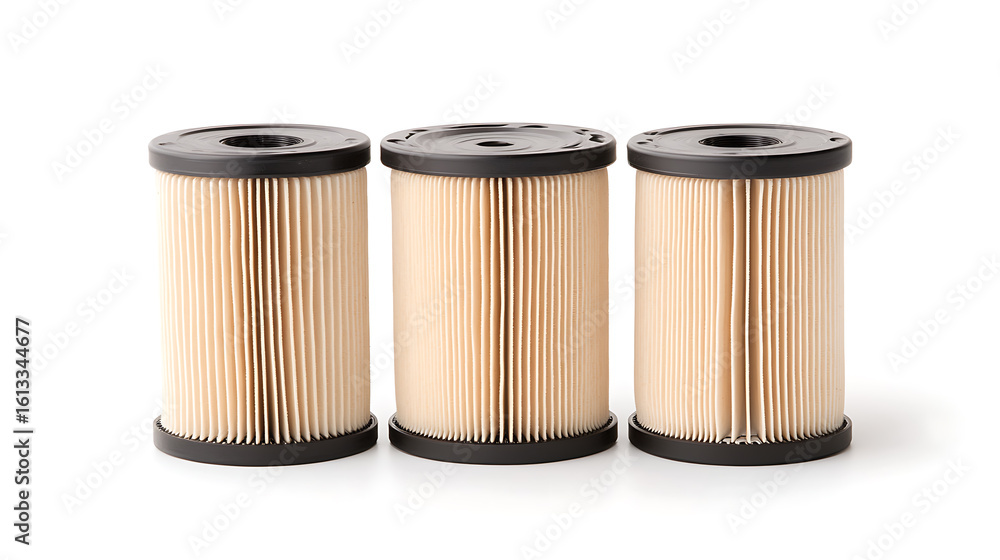 Poster three new filter elements stand side by side against a stark white background, their cylindrical sha
