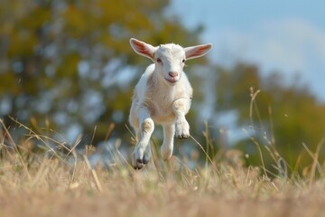 Obraz premium Playful white baby goat kid jumping happily in a field with dry grass