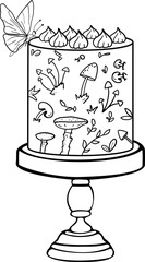 Vector cake in sketch style, hand drawn, line icon. Cake on a tray and decorated butterfly and mushrooms in forest style. Isolated on white background. Illustration for pastry shop. 
