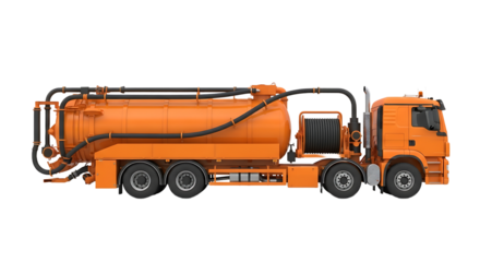 Detailed orange vacuum truck showcasing industrial design and engineering on white backdrop