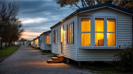 Cozy mobile homes lit up at dusk on a quiet street