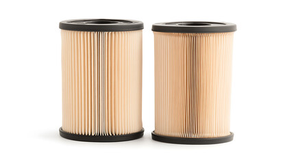 Two pleated filter cartridges stand on a white surface, showcasing their cylindrical design and beige filter material. Ideal for filtration applications.