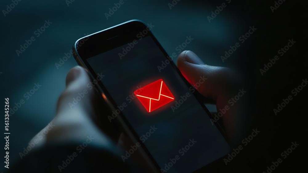 Poster new message notification: hand holding phone displaying a red email envelope icon, signaling an inco