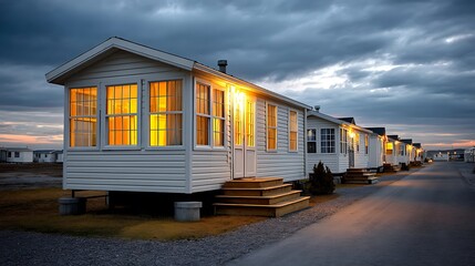 Obraz premium Cozy beachfront mobile homes illuminated at dusk