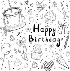 Set of happy birthday outline in doodle style. Party decoration, cake, muffins, bows, balloon, candles, berry, butterfly, firework. Hand drawn illustration isolated on white background.